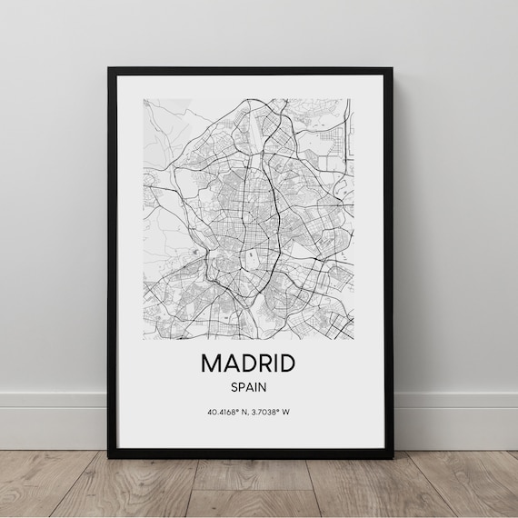 Madrid Map Print City Wall Art Poster Spain Travel Black And White Coordinates Minimalist Dcor Printgift