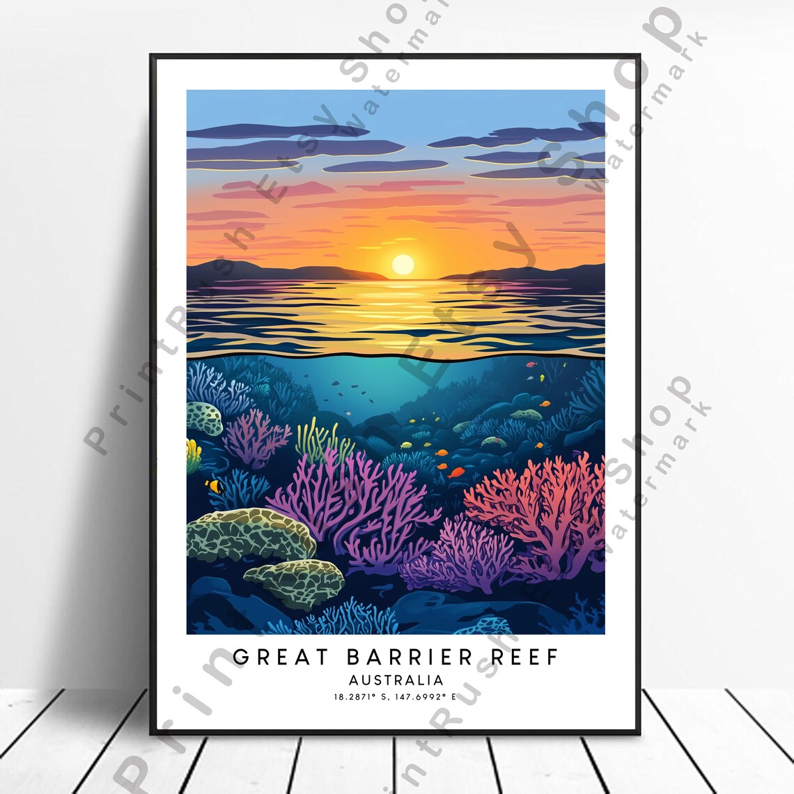 Great Barrier Reef Australia Sunset Coral Reef Travel Poster Underwater