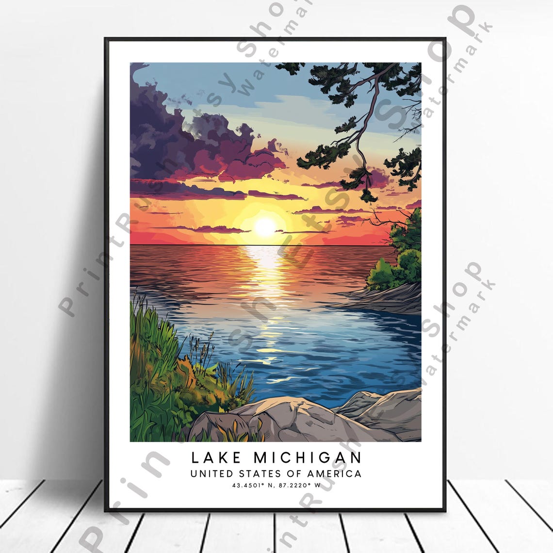 Lake Michigan Sunset Rocky Shore Golden Reflection Travel Poster