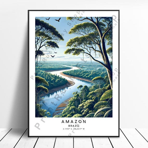 Amazon Jungle River Poster Brazil Wall Dcor Rainforest Nature Print Tropical Bird Silhouettes Illustration Gift