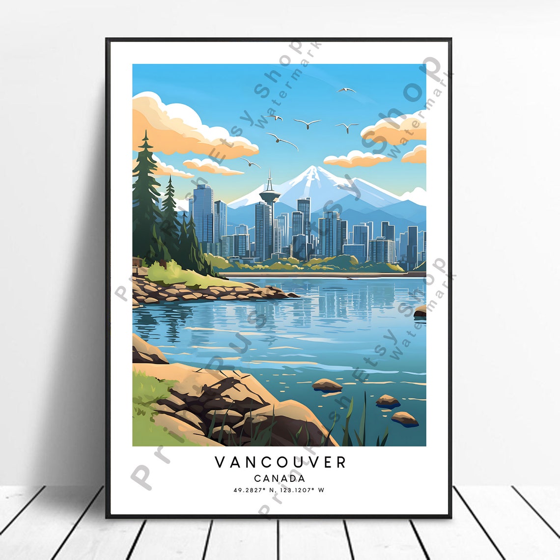 Vancouver Canada Skyline Snow Mountain Waterfront Travel Poster