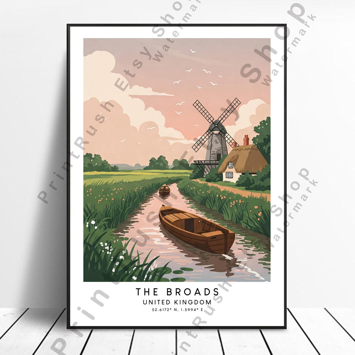 The Broads Windmill Canal Boats Thatched Cottage Daytime Travel Poster