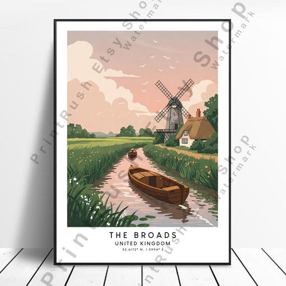 The Broads Art Print Uk Illustration England Wall Dcor Travel Poster Home Landscape Gift