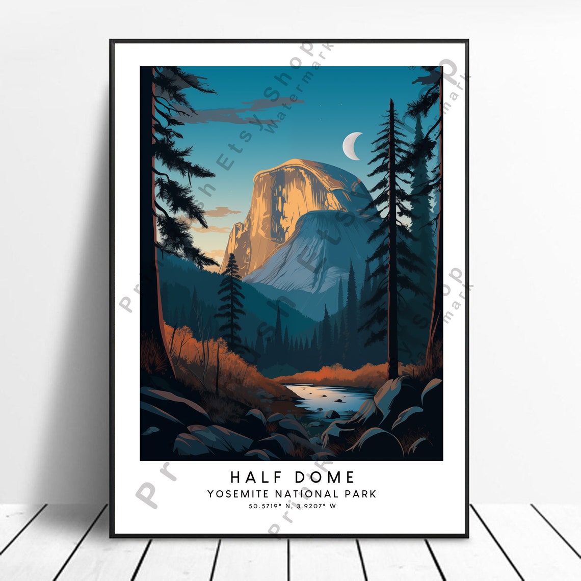 Half Dome Yosemite Moonrise River Pines Vintage Travel Poster