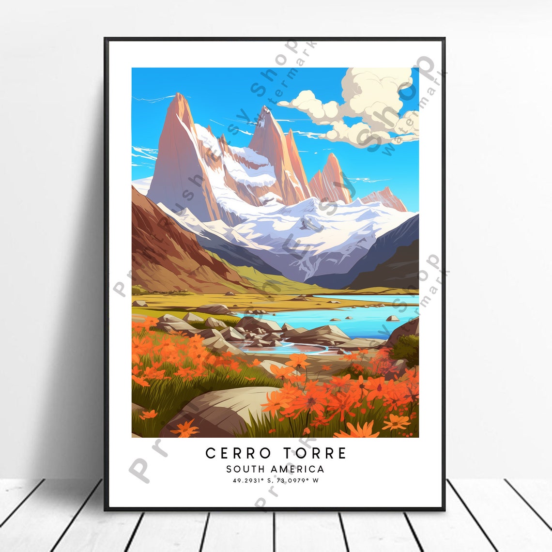 Cerro Torre South America Wildflowers Lake Peaks Travel Poster