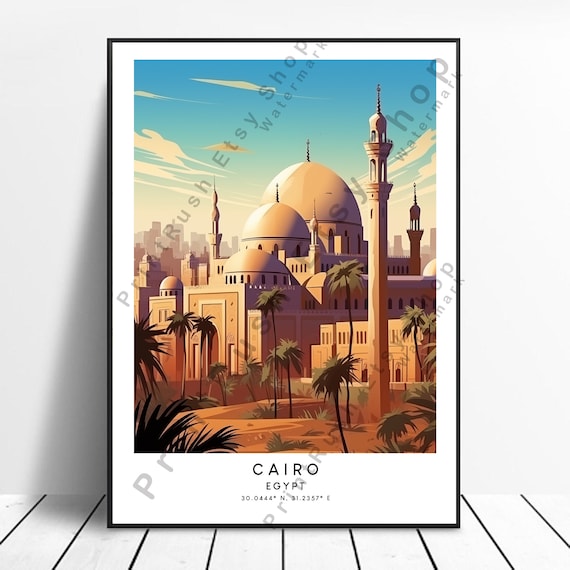 Ancient Cairo Egypt Domed Mosque Minarets Palm Trees Travel Poster
