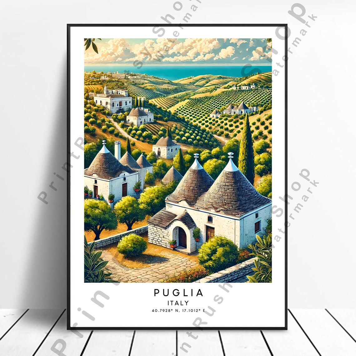 Puglia Italy Trulli Houses Rolling Countryside Travel Art Poster
