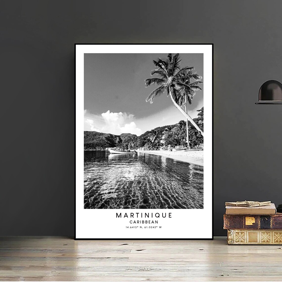 Martinique Caribbean Beach Palm Tree Black and White Travel Poster - Image 2