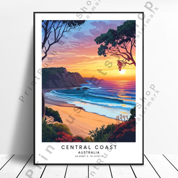 Central Coast Australia Print Sunset Beach Wall Art Ocean View Poster Australian Coastal Landscape Illustration Gift