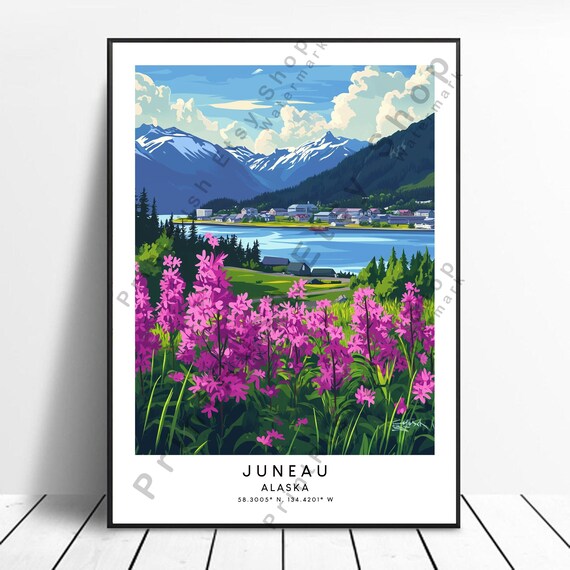 Juneau Alaska Wildflower Meadow Mountain Harbor Vintage Travel Poster