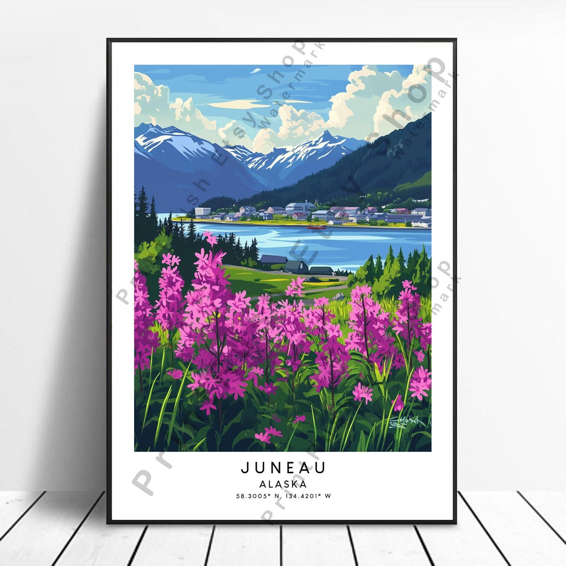 Juneau Alaska Wildflower Meadow Mountain Harbor Vintage Travel Poster