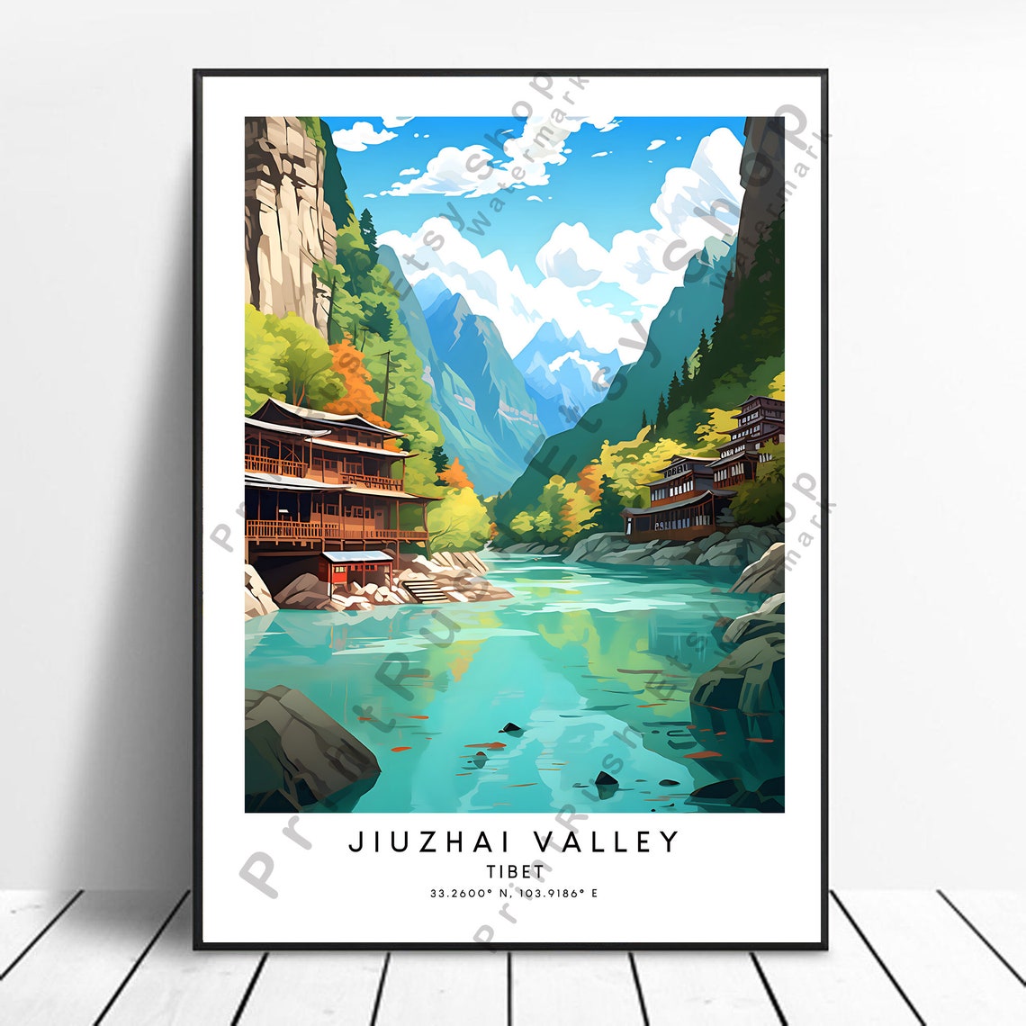 Jiuzhai Valley Tibet Travel Poster With Turquoise Lake Mountains