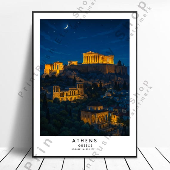 Athens Travel Print Illustration Art Greece Poster Wall Dcor Landmark Gift