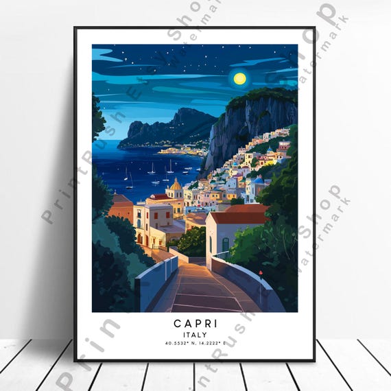 Capri Italy Night Print Moonlit Coastal Poster Wall Amalfi Coast Art Italian Town Travel Decor Illustration