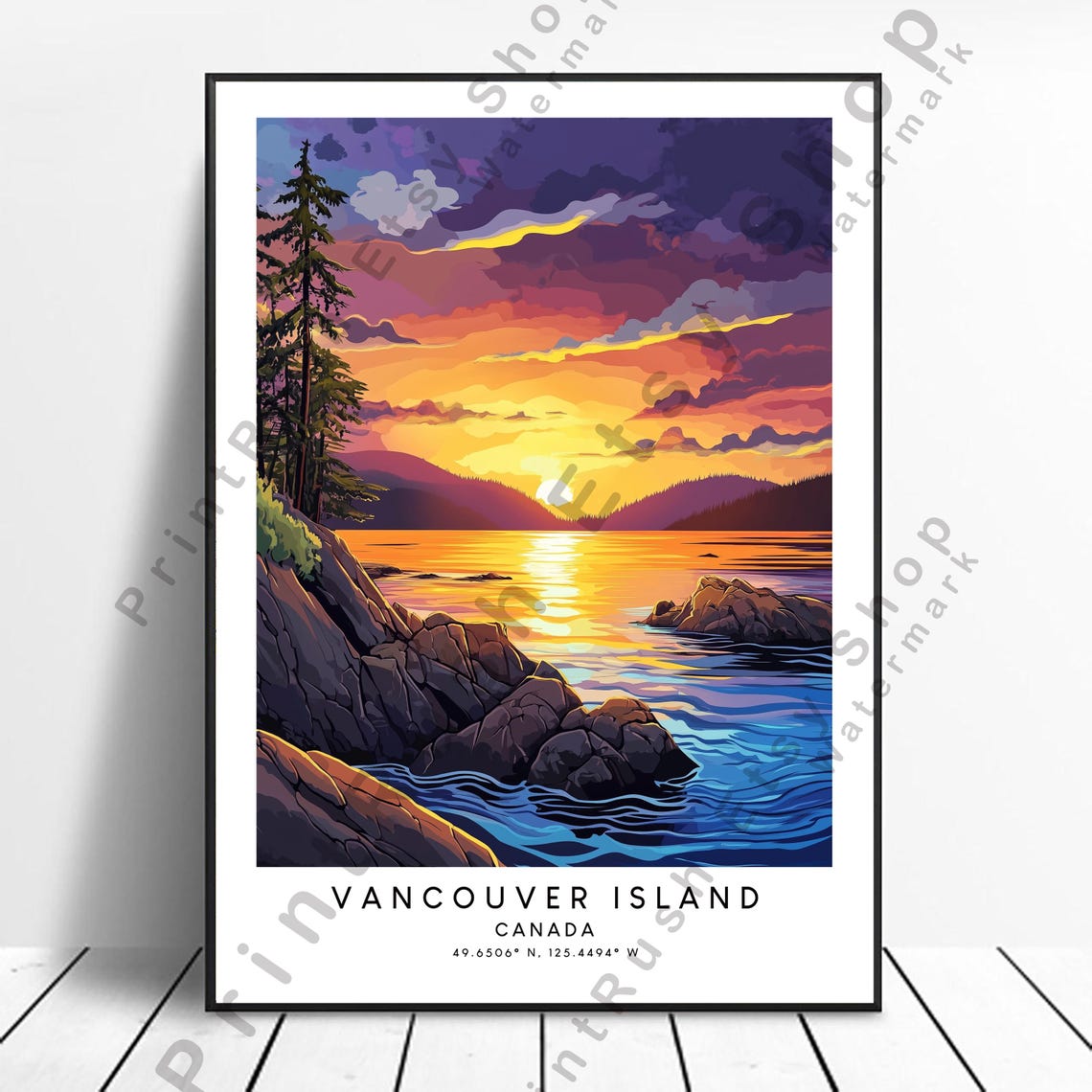 Vancouver Island Canada Rocky Coast Sunset Ocean Waves Travel Poster