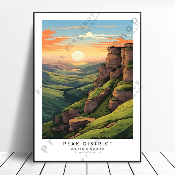 Peak District United Kingdom Sunrise Cliffs Mountain Travel Poster