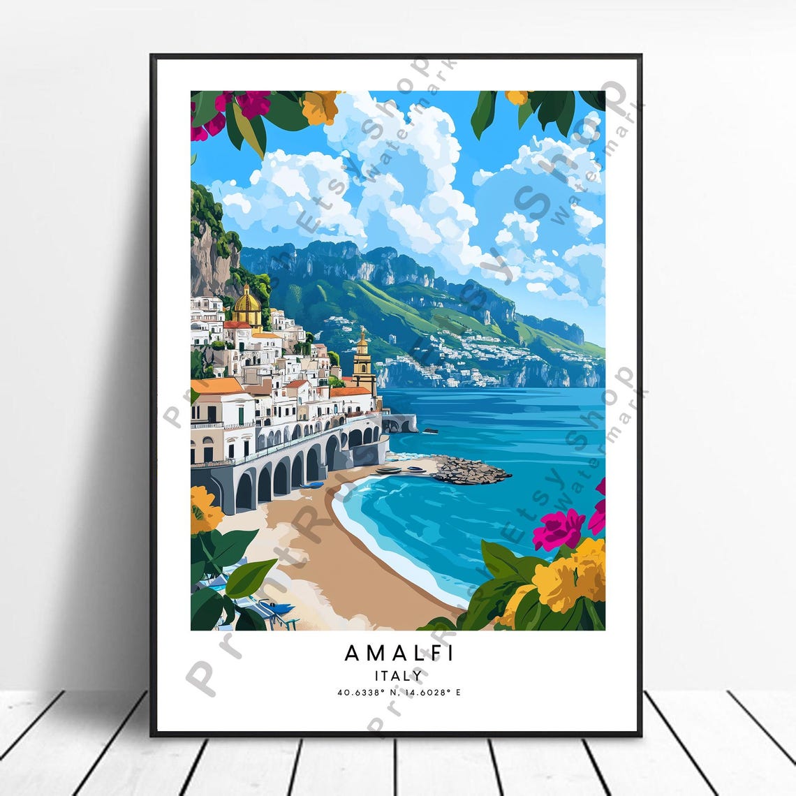 Amalfi Italy Seaside Village Golden Dome Coastline Travel Art Poster