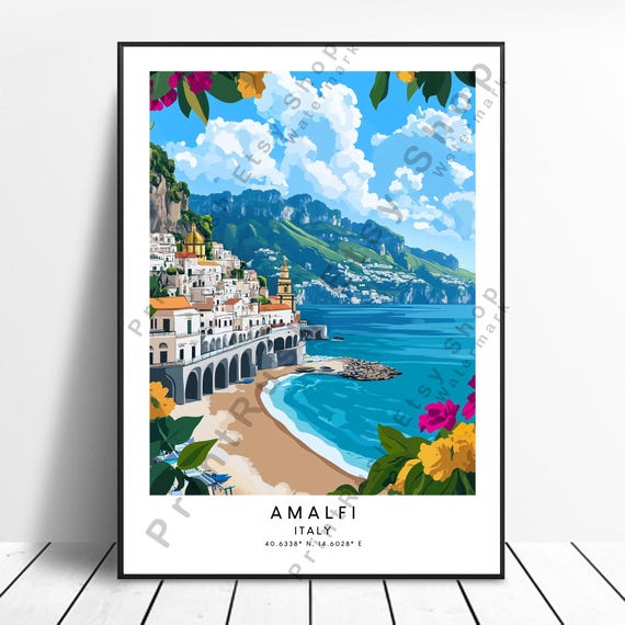 Colourful Amalfi Coast Print Italian Riviera Beach Art Artwork Travel Illustration Home Decor Wall Poster Gift