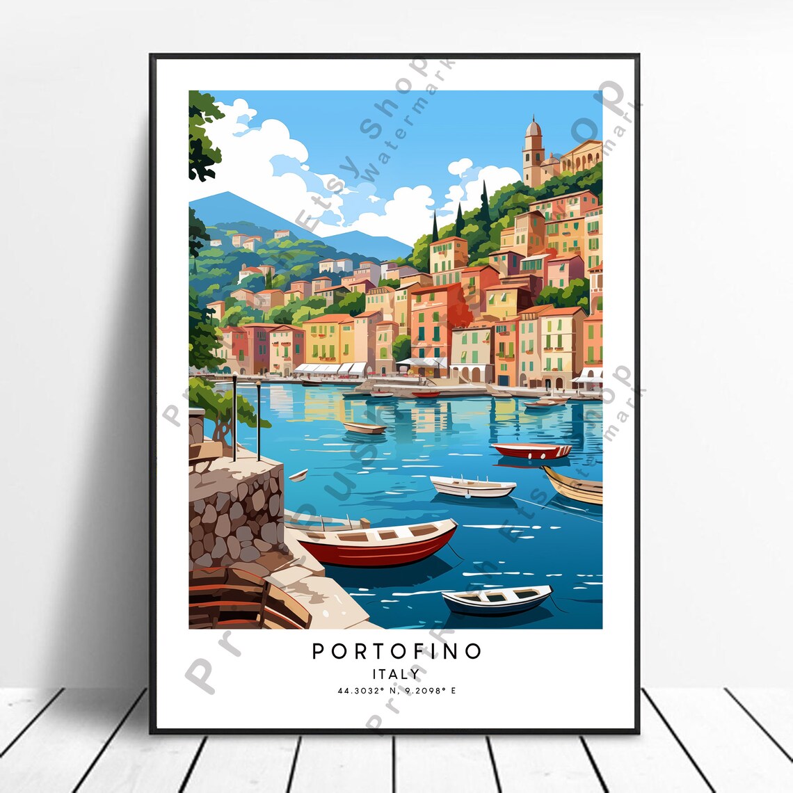 Portofino Travel Poster, Coastal Minimalist Decor