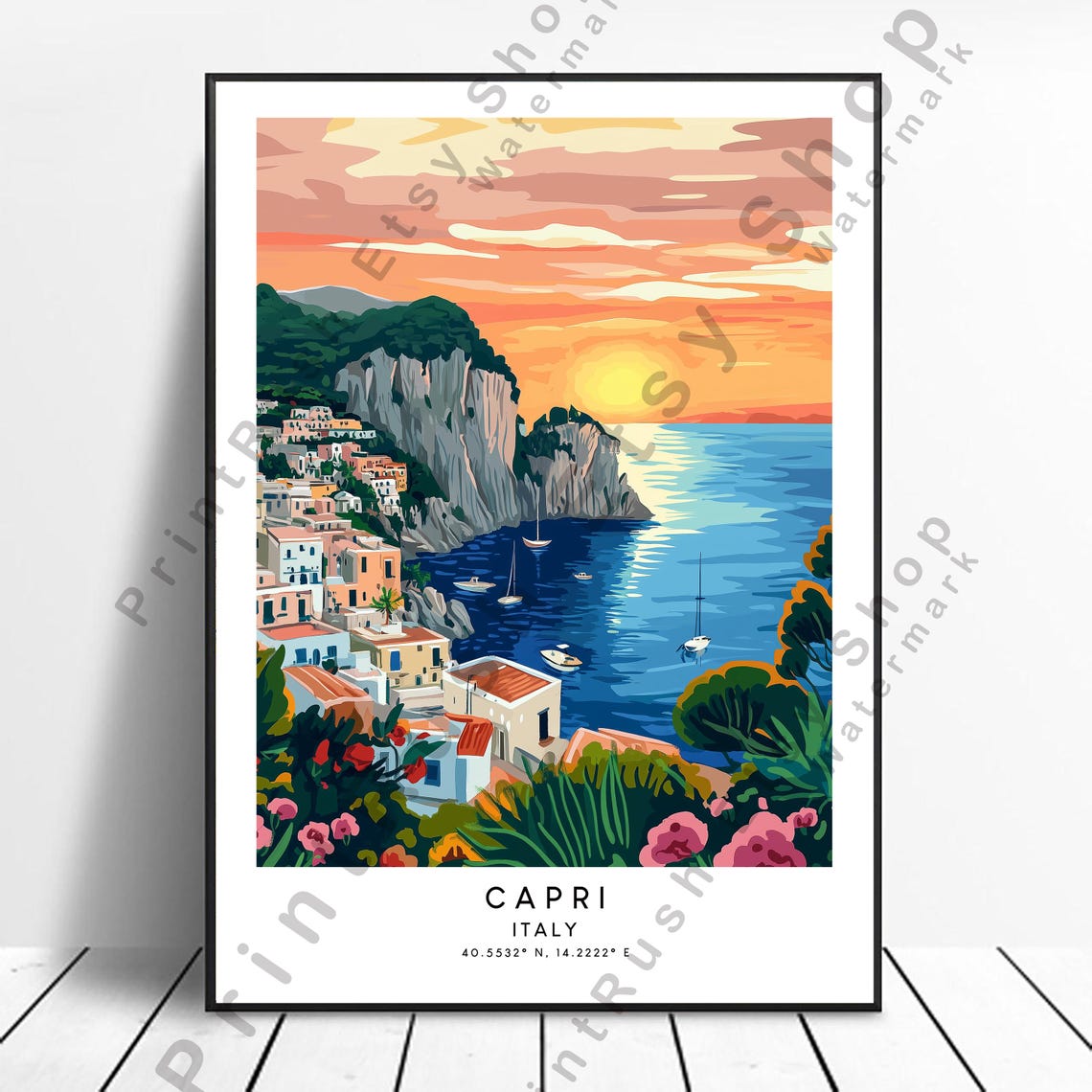 Capri Italy Sunset Cliffsailboats Coastal Village Travel Poster
