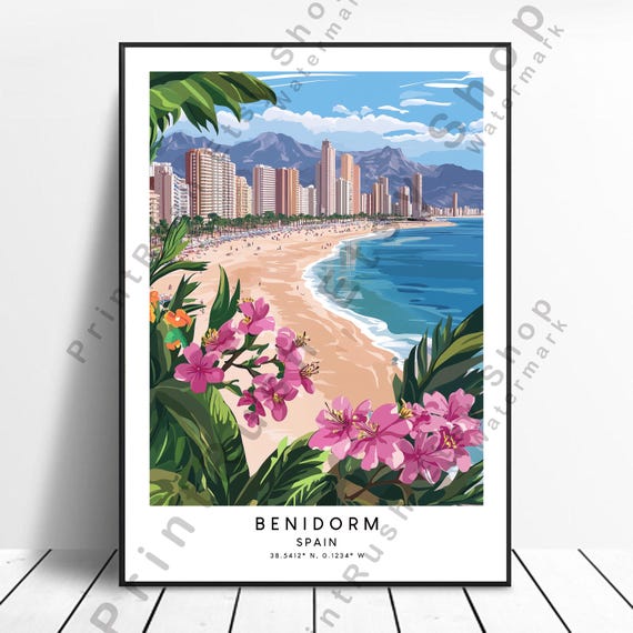 Benidorm Spain Illustration Colorful Beach Art Print Mediterranean Cityscape Poster For Living Room