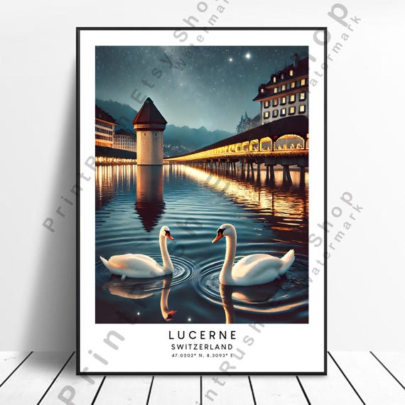 Lucerne Switzerland Illustration Art Travel Poster Dcor Night View Wall Hanging Print Gift