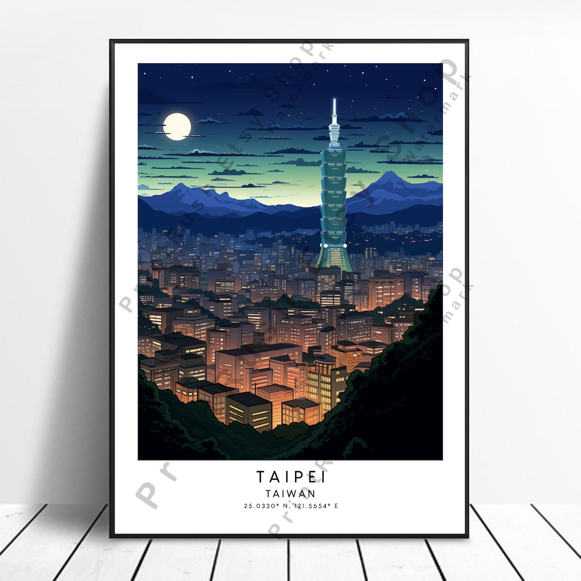 Taipei Taiwan Night Skyline Taipei 101 Moonlit City Travel Poster
