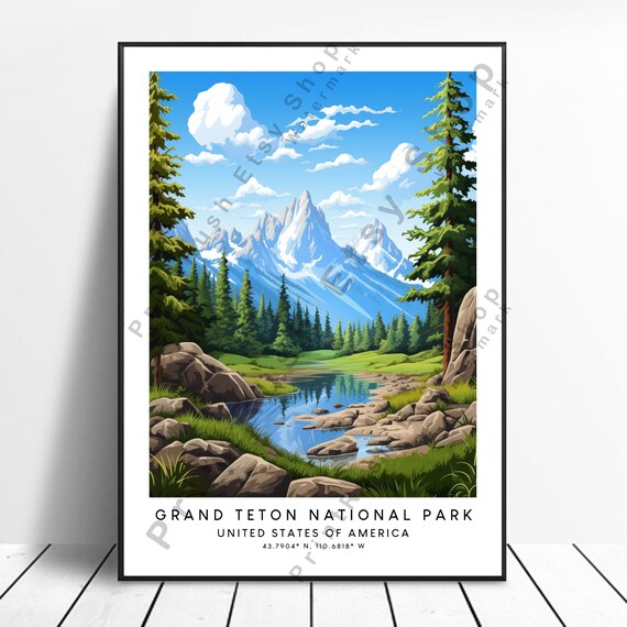 Grand Teton National Park Snowy Peak Forest River Travel Poster