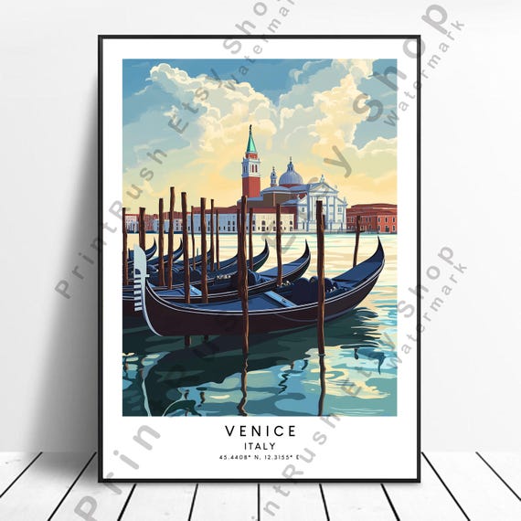 Venice Italy Illustration Gondola Sunset Art Print Travel Wall Dcor Poster Hanging Colourful Gift