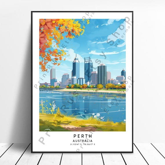 Perth Travel Print Poster Wall Art Hanging Australia Home Decor Colourful Gift