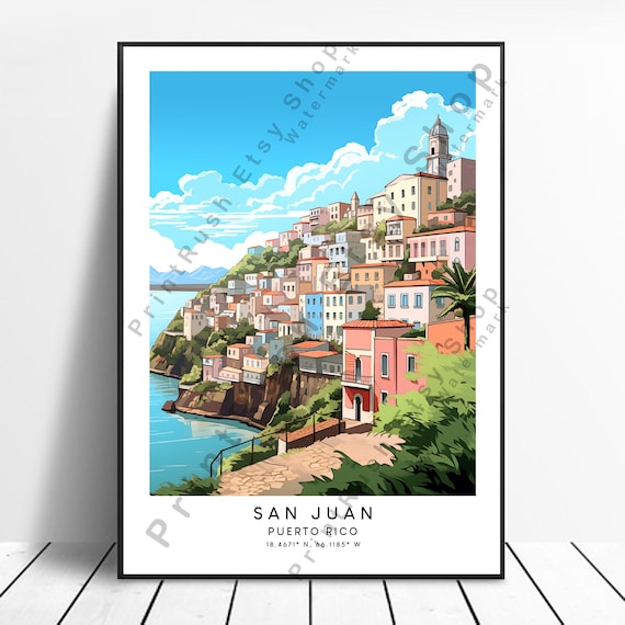 San Juan Puerto Rico Coastal Hillside Travel Illustration Poster