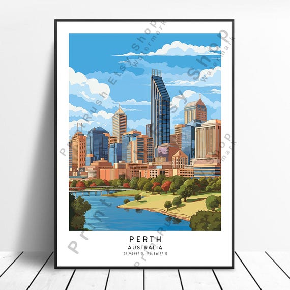 Perth Australia Travel Print Poster Wall Decor Hanging Home Colourful Gift