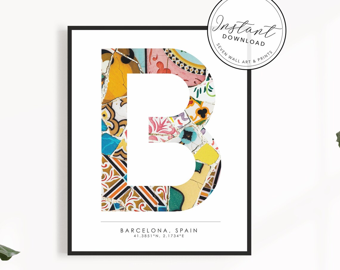 Barcelona Spain Mosaic Tile Letter B Coordinates City Travel Poster