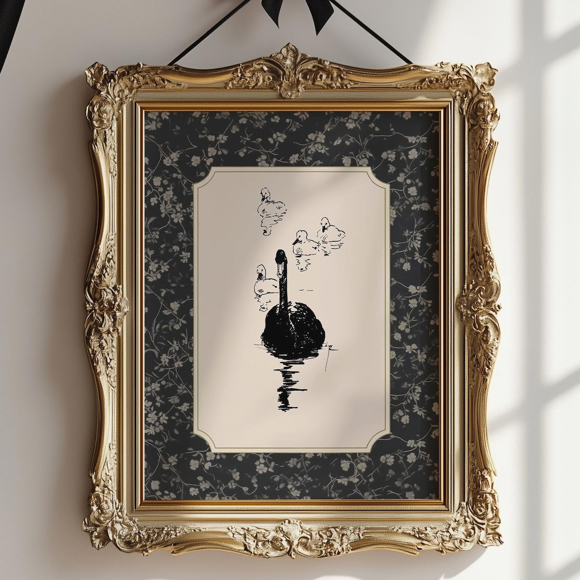 Black Swan Mother and Cygnets Ink Sketch on Dark Floral Decor Poster