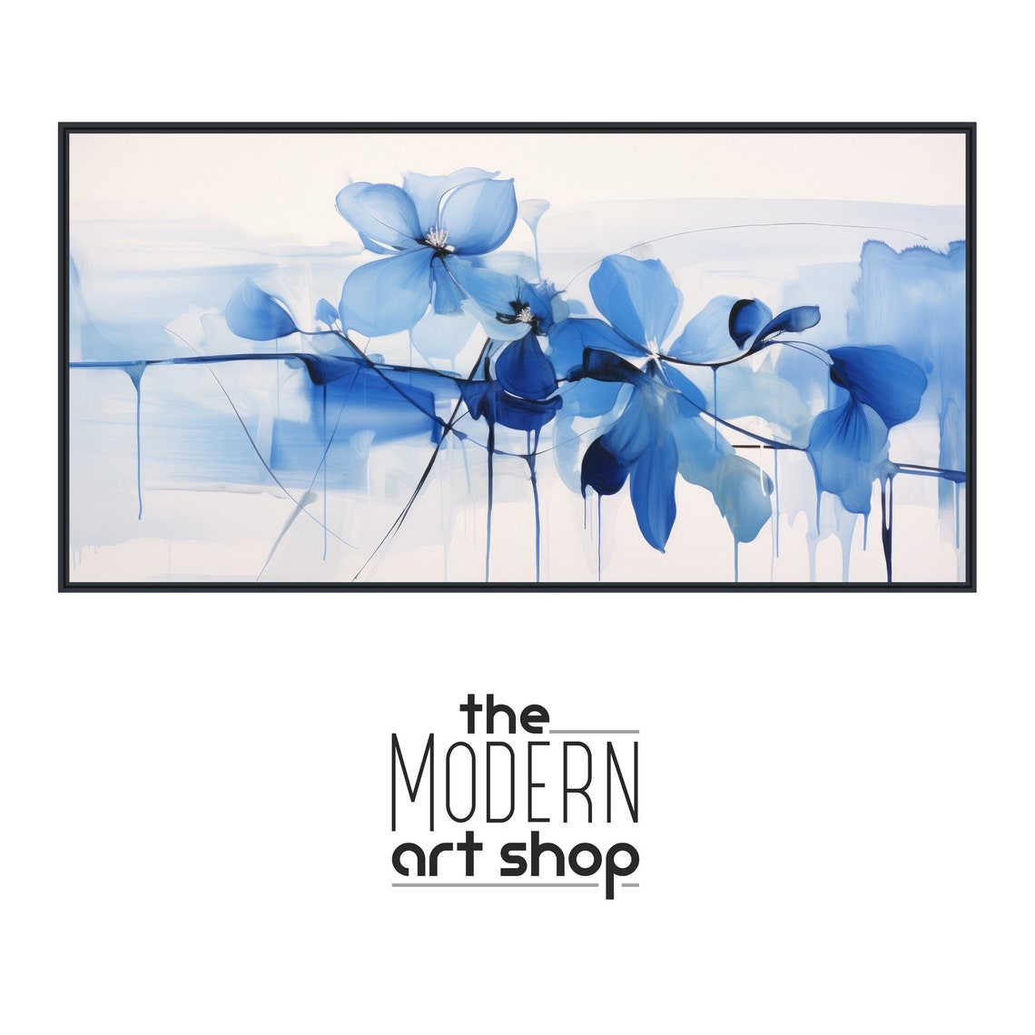 Panoramic Blue Watercolor Flowers Soft Blooms Abstract Art Print - Image 4
