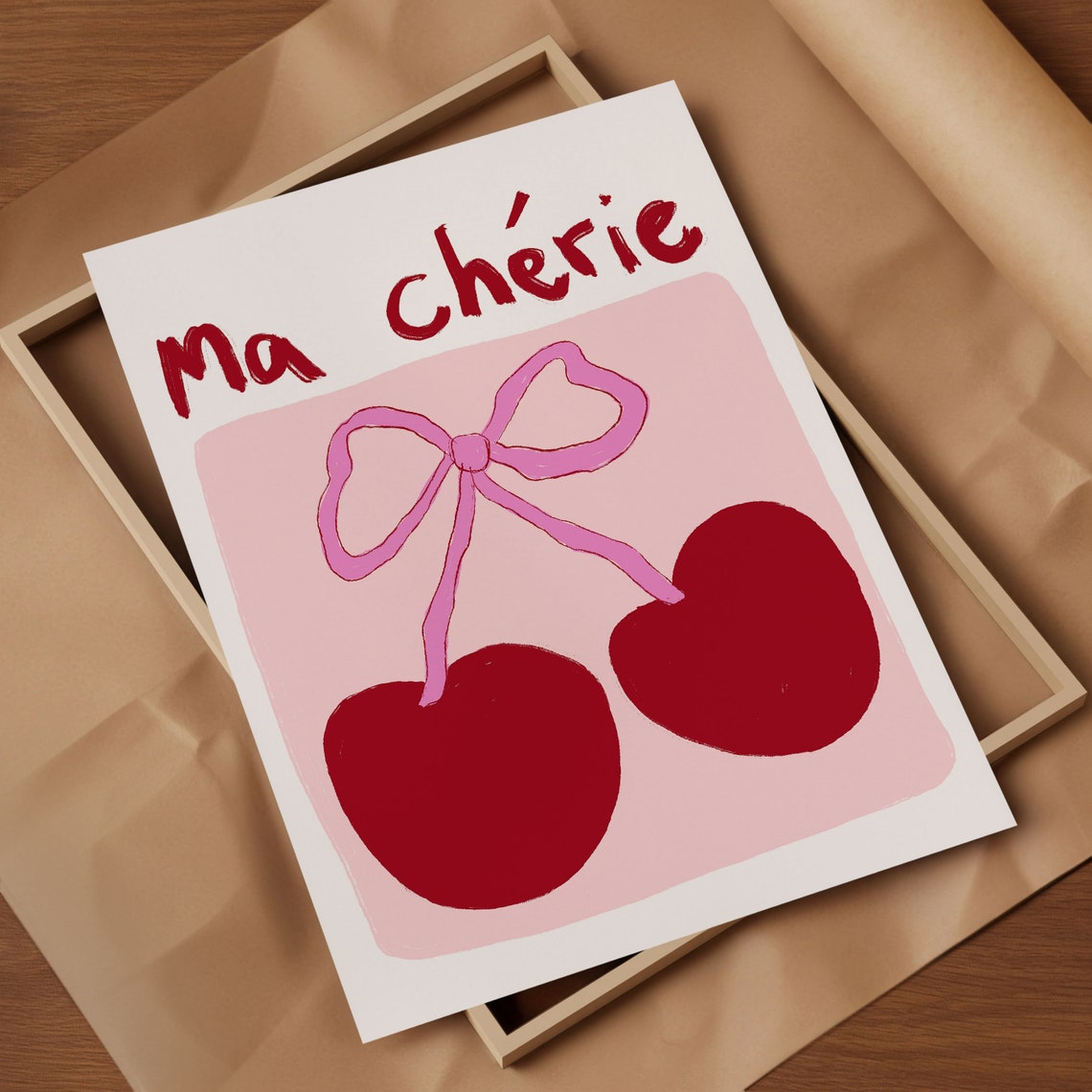 Ma Cherie Red Cherries Pink Bow Preppy Hand Drawn Kitchen Poster - Image 3
