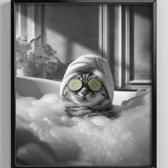 Tabby Cat Bathroom Wall Art Print Bathtub Animal Poster Black And White Decor Cute Funny Spa Prints
