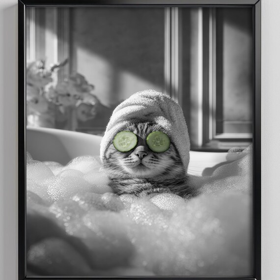 Tabby Cat Spa Day Cucumber Eyes Funny Bathroom Decor Art Poster