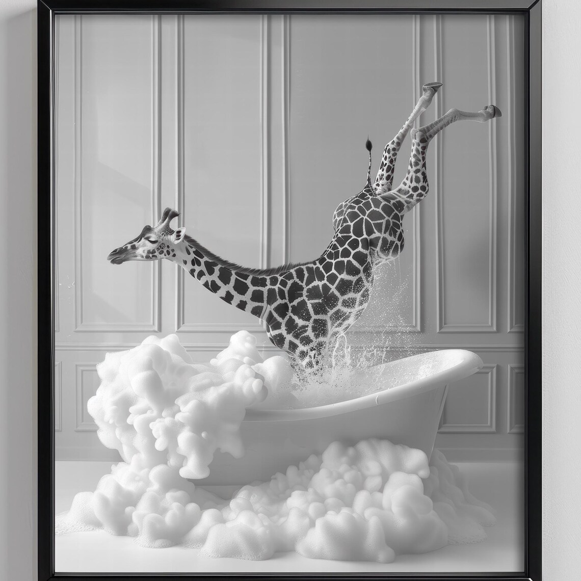 Giraffe Diving Into Bubble Bath Black And White Funny Poster