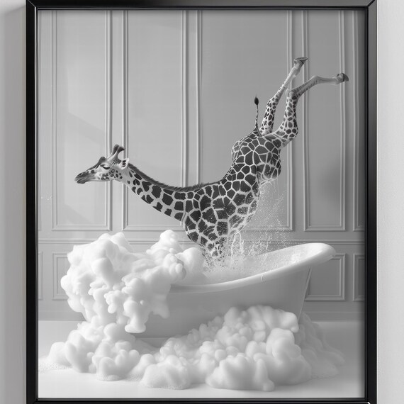 Giraffe In A Bathtub Wall Art Print Animal Bathroom Poster Black And White Housewarming Gift Photo