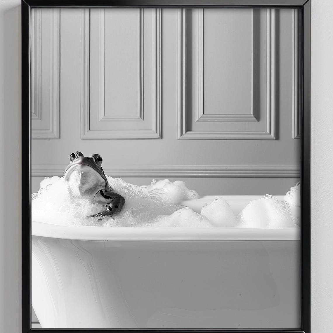 Frog Lounging In Bubble Bath Black And White Funny Animal Poster