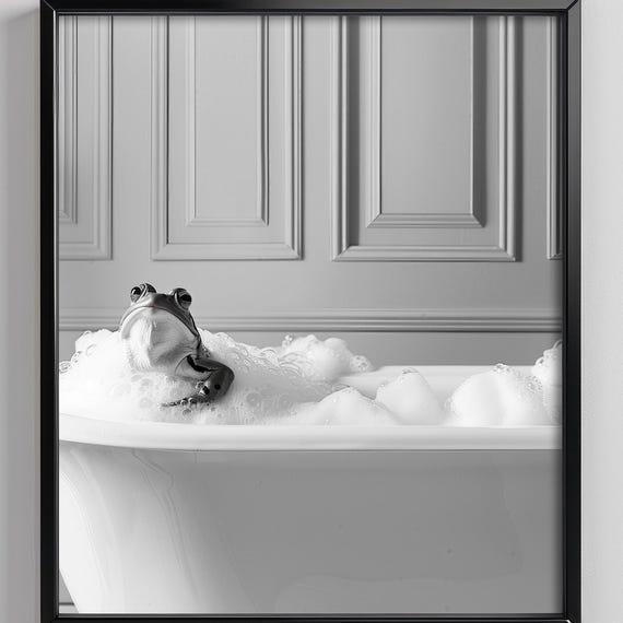 Frog In A Bathtub Wall Art Print Cute Animal Bathroom Poster Black And White Dopamine Decor Housewarming Gift