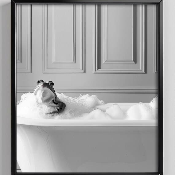 Frog Lounging In Bubble Bath Black And White Funny Animal Poster