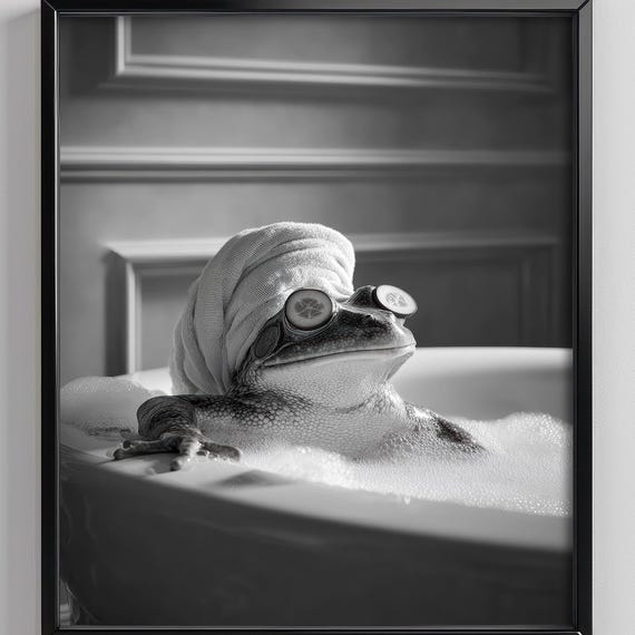Frog Spa Bathroom Wall Art Print Animal Poster Bathtub Black And White Decor Cute Funny Prints