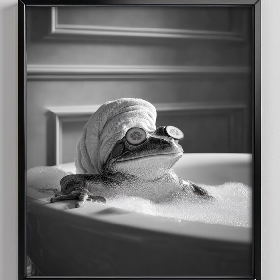 Frog Spa Day Black and White Funny Bathroom Animal Art Poster