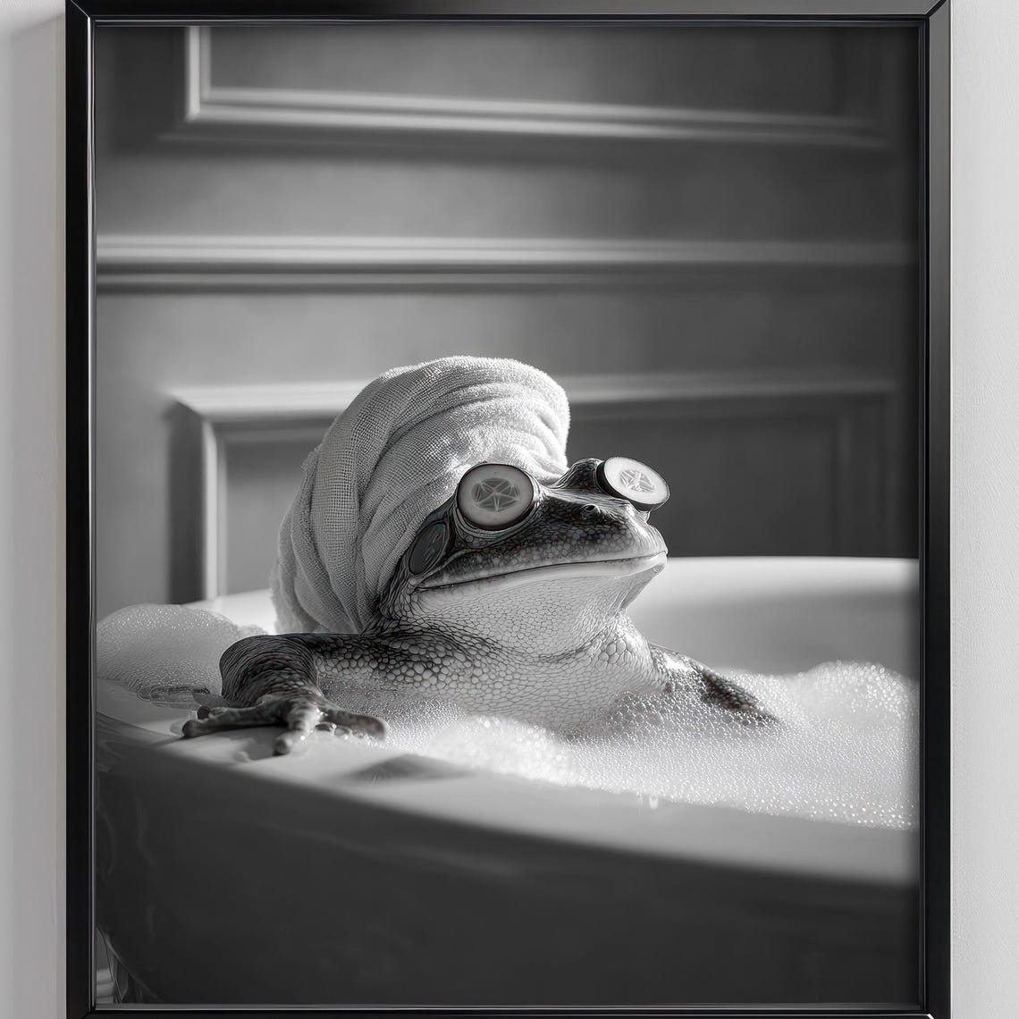 Frog Spa Day Black and White Funny Bathroom Animal Art Poster