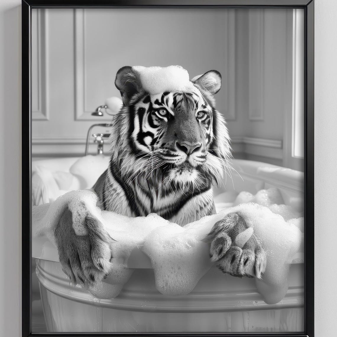 Tiger Taking Bubble Bath Black And White Funny Animal Poster