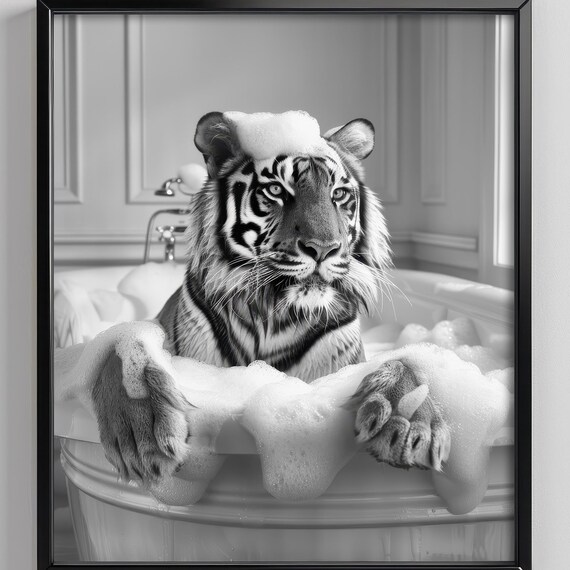 Tiger In A Bathtub Wall Art Print Animal Bathroom Poster Black And White Housewarming Gift Photo