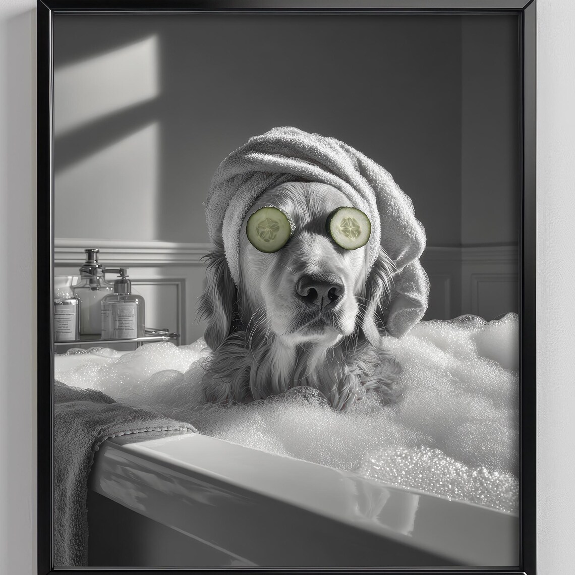 Golden Retriever Spa Day Cucumber Eyes Funny Dog Art Decor Poster