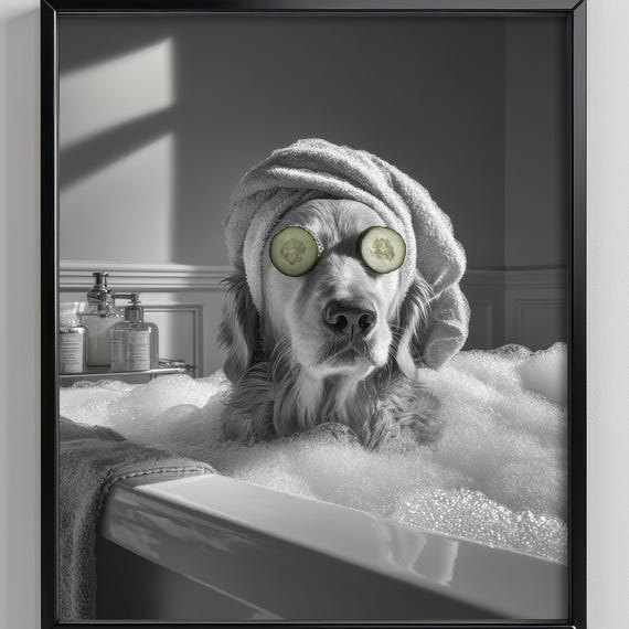 Golden Retriever Bathroom Wall Art Print Dog Bathtub Animal Poster Black And White Decor Funny Prints